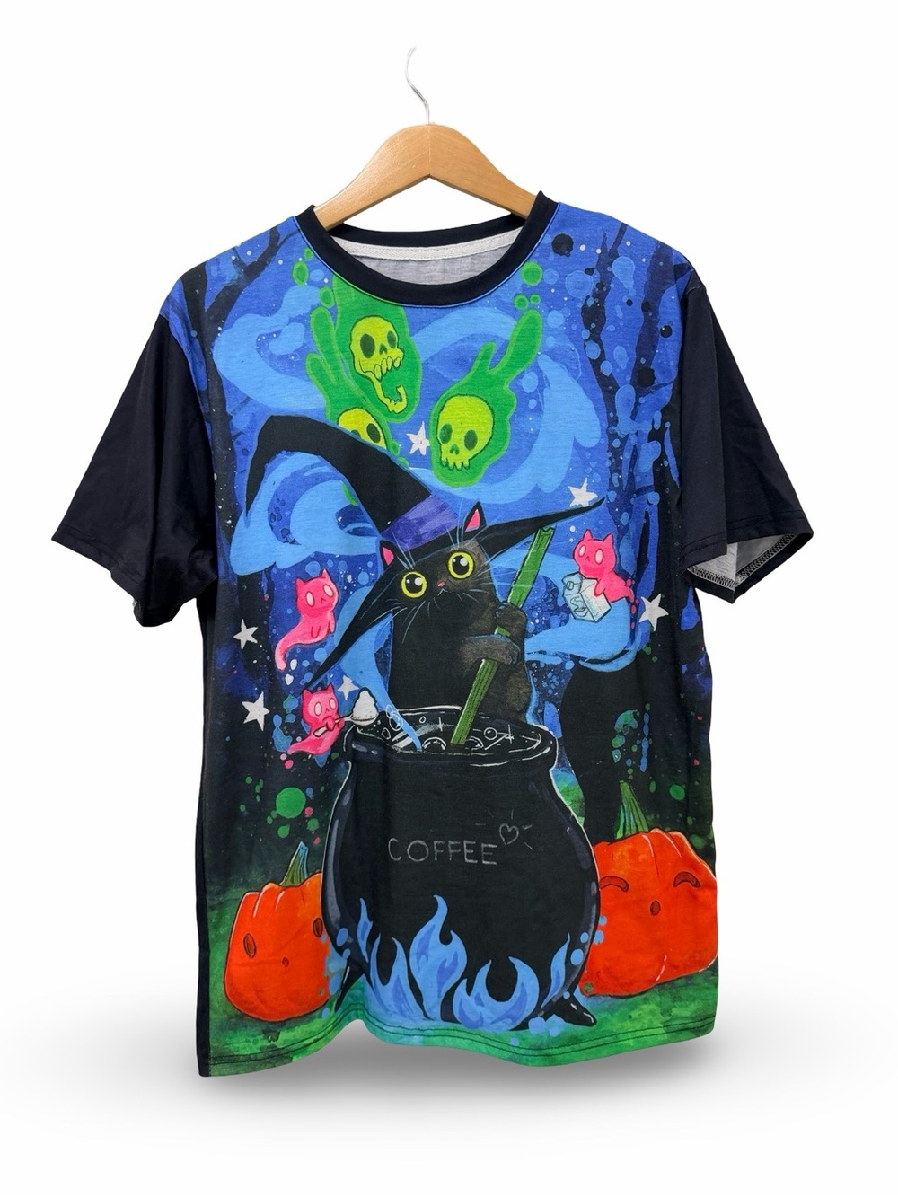 Lora Zombie Halloween Witch Black Cat Cauldron Coffee T-Shirt - Size Medium